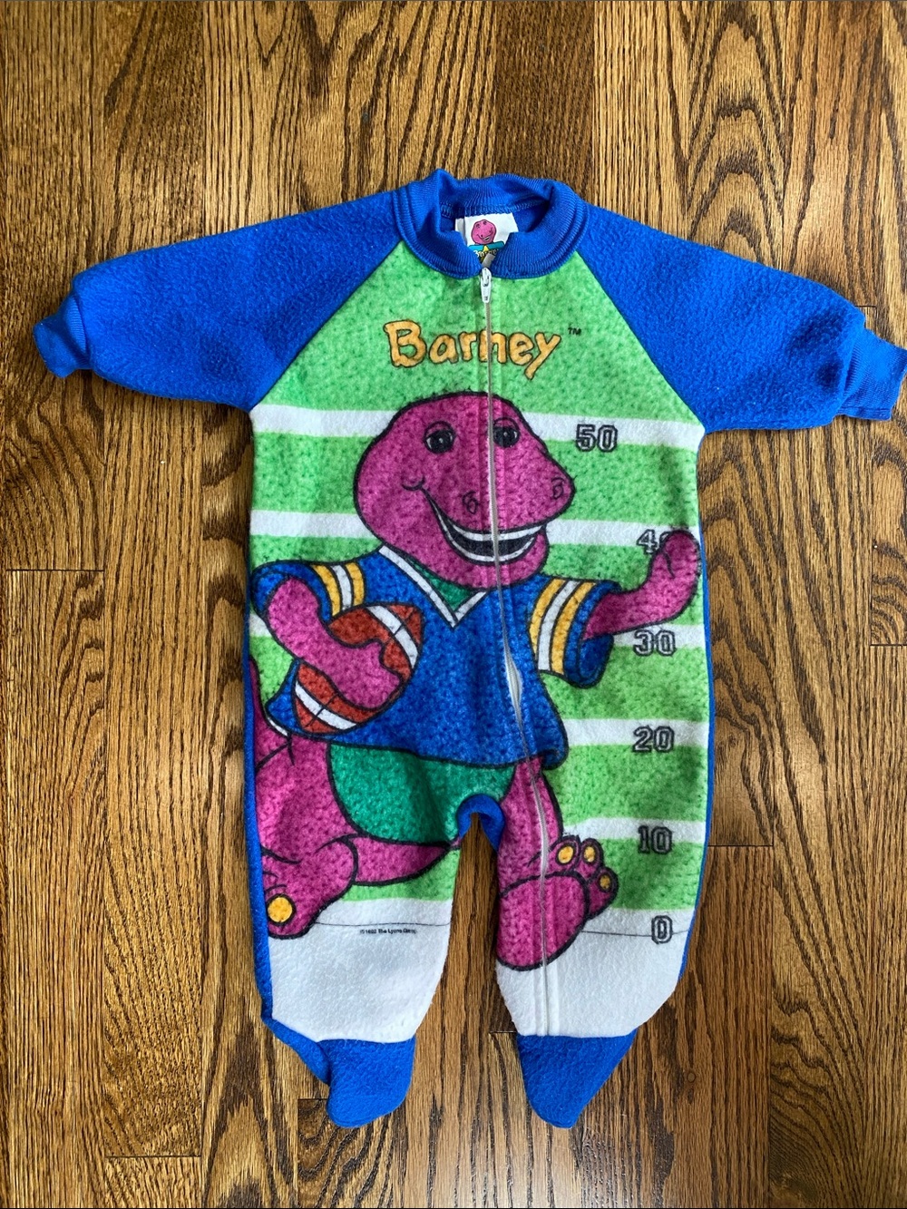 Vintage 1992 Barney and Friends fleece, footed zip up sleeper, size 0-6M.